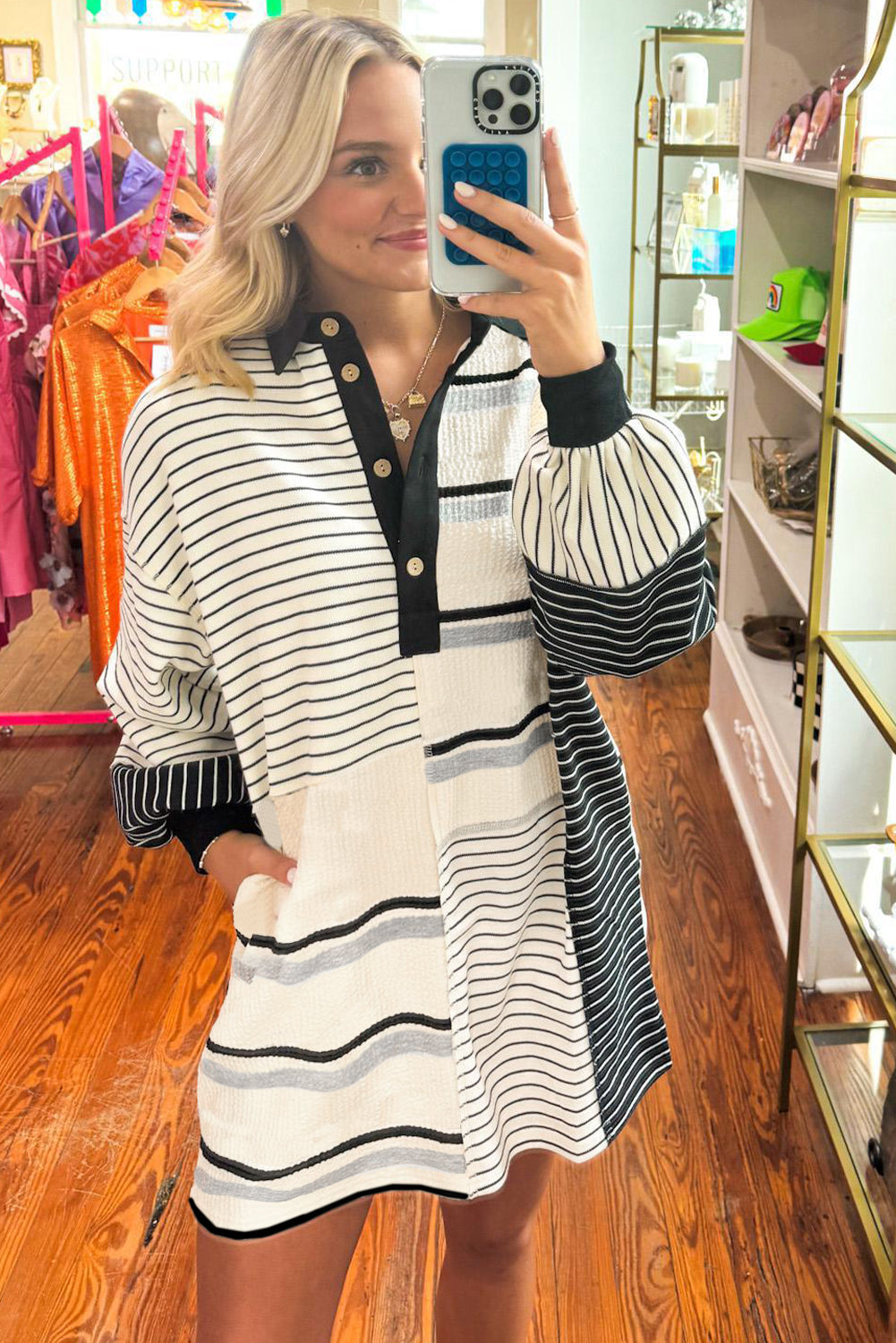 Black Stripe Colorblock Knit Henley Collar Shift Long Sleeve Mini Dress