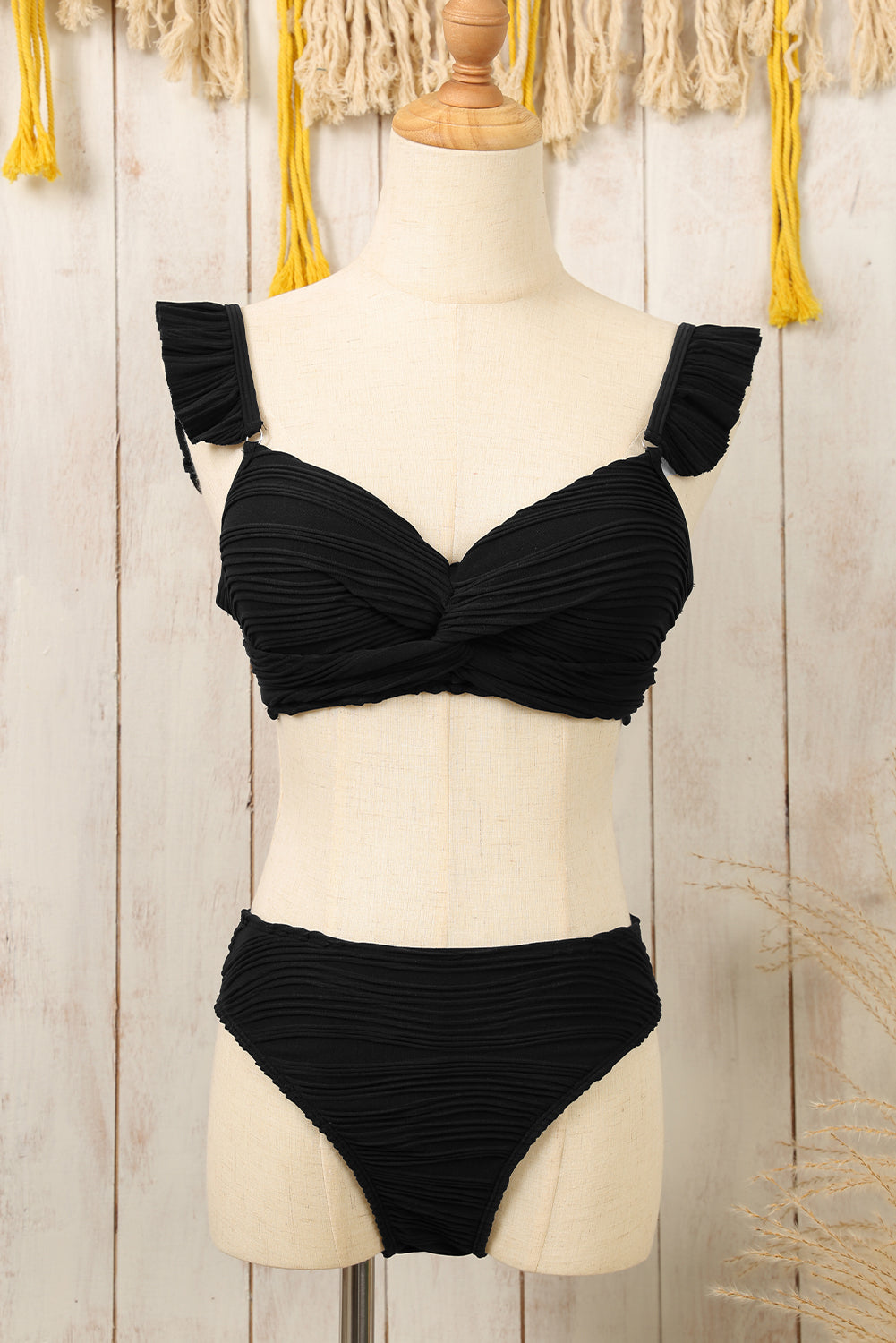 Black Wavy Textured Ruffled Straps Twist Bikini Swimsuit