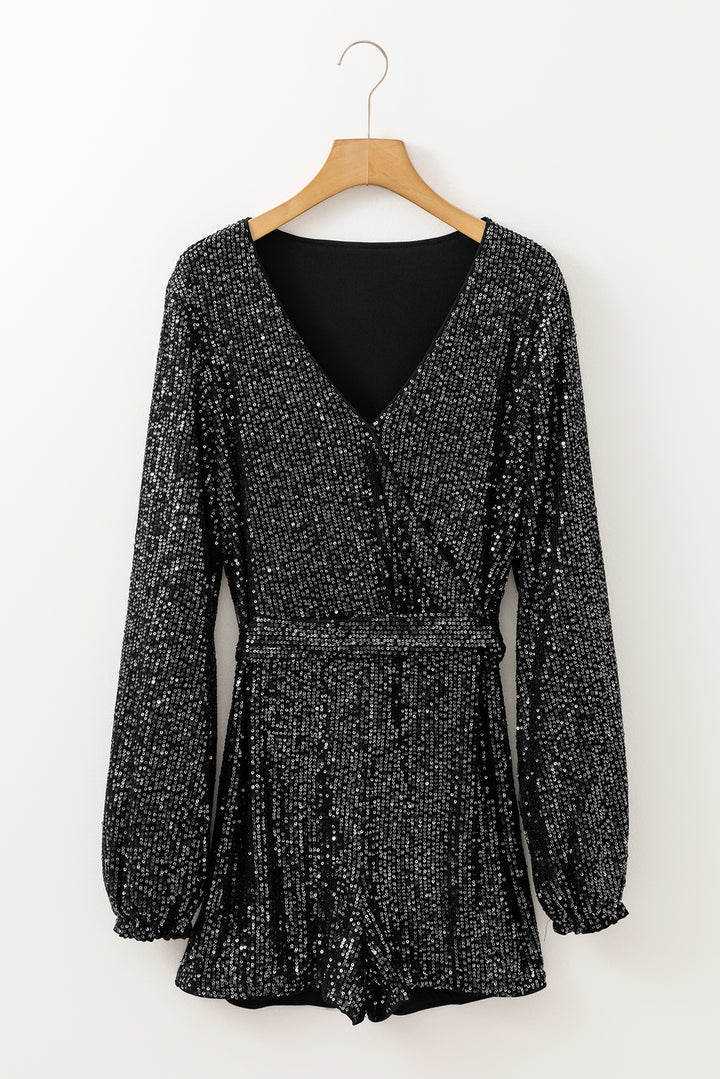 Black Sequined V Neck Wrapped Long Sleeve Romper