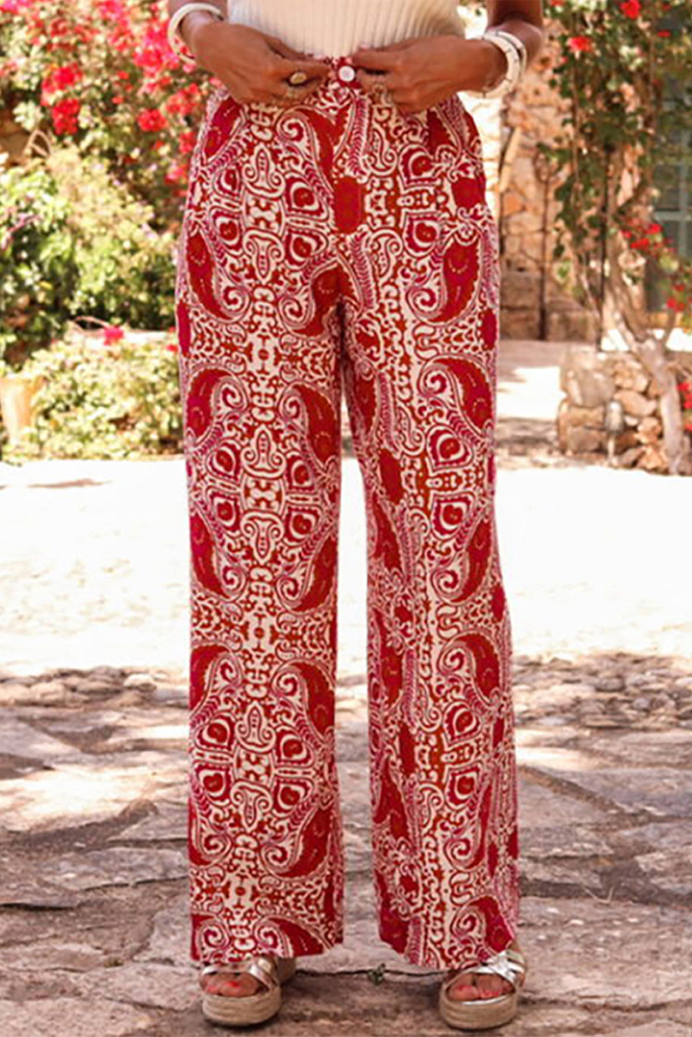 Red Paisley Printed Buttoned High Waist Straight Leg Pants