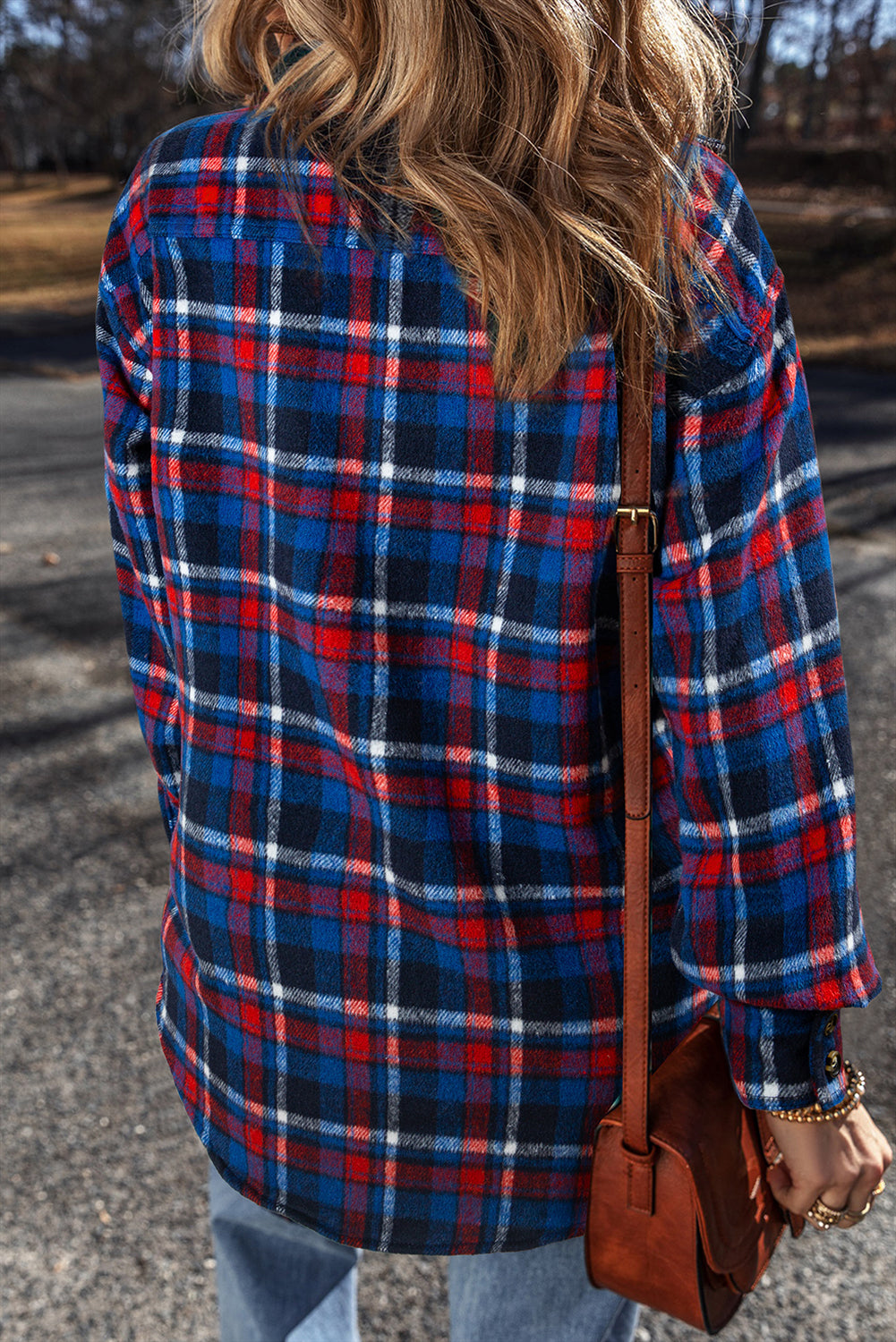 Navy Blue Plaid Flap Pocket Button Up Shacket