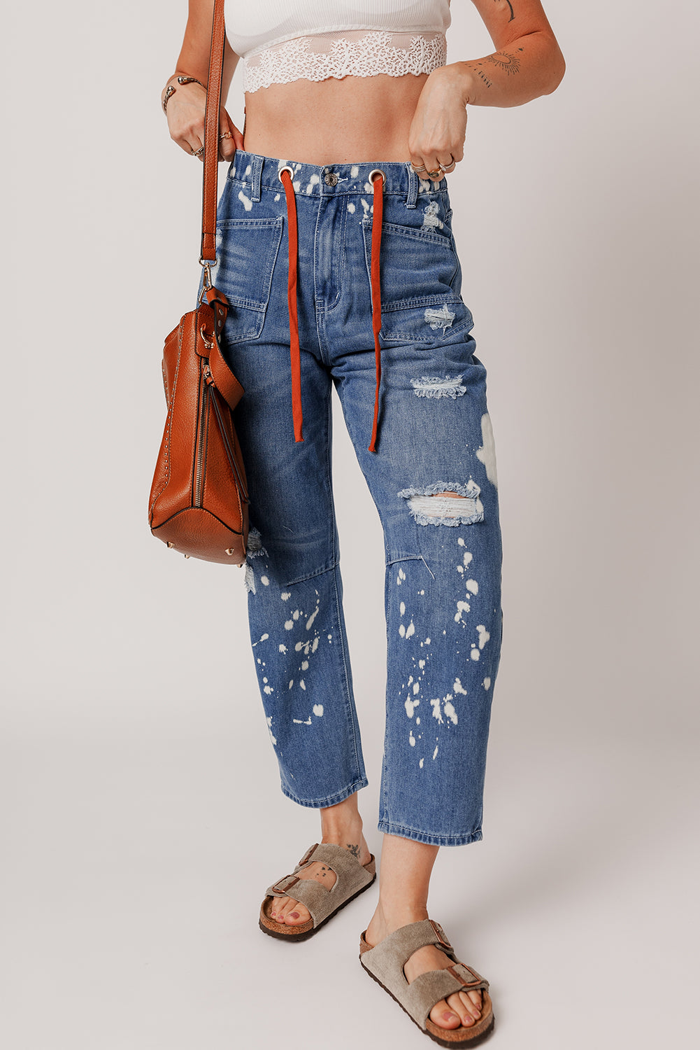 Ashleigh Blue Ripped Splattering Paint Rope Waist Cropped Straight Jeans