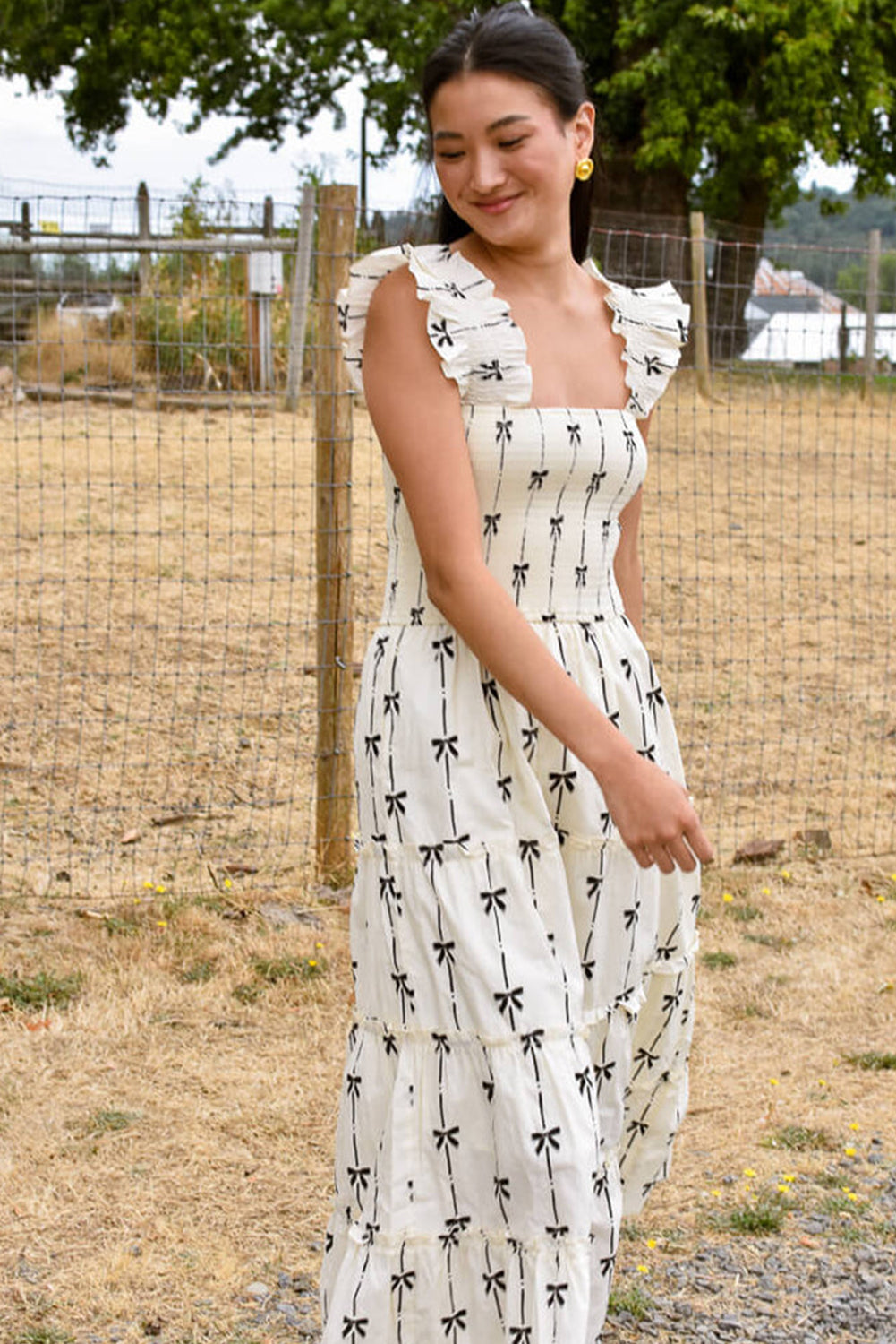 Black Bow Print Smocked Square Neck Ruffle Tiered Maxi Dress