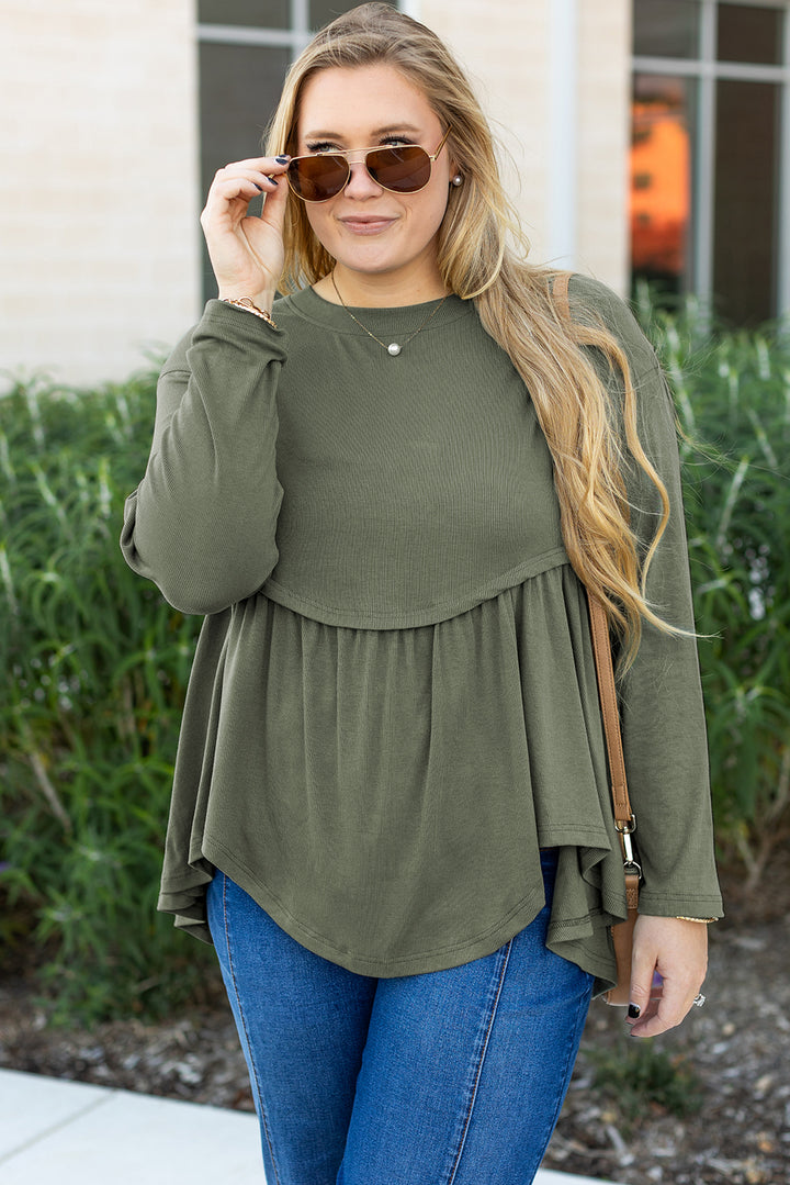 Mist Green Plus Size Thermal Knitted Babydoll Flare Top