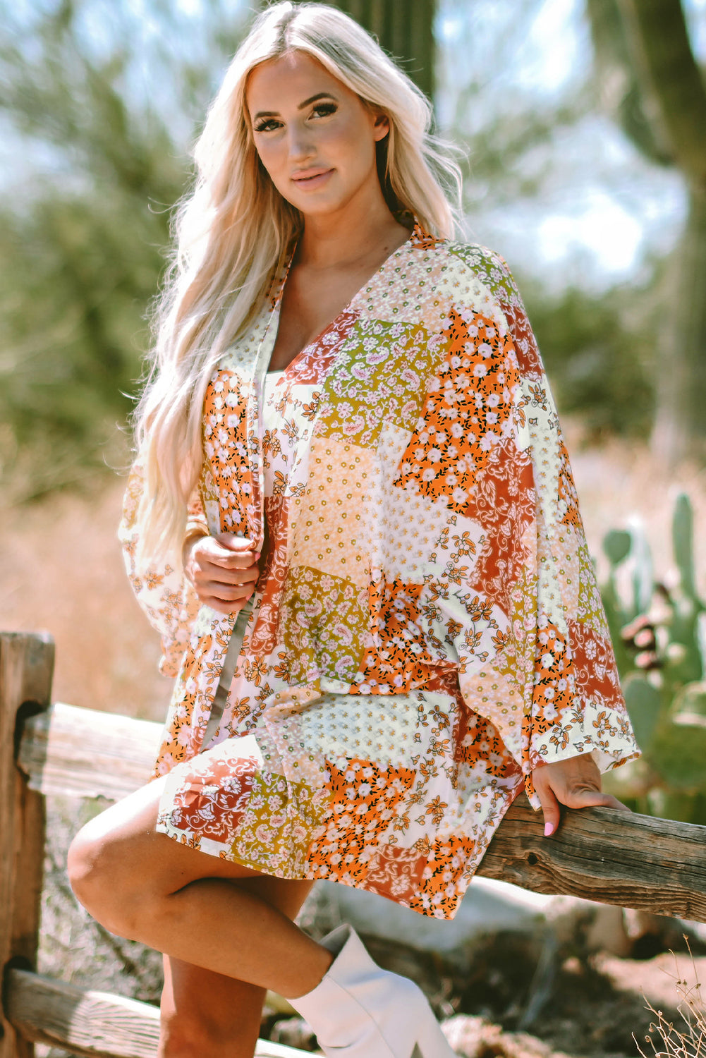 White Boho Patchwork Floral Open Front Kimono