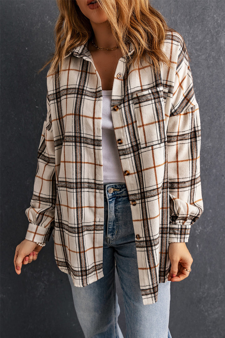 White Oversized Plaid Pattern Shacket with Slits