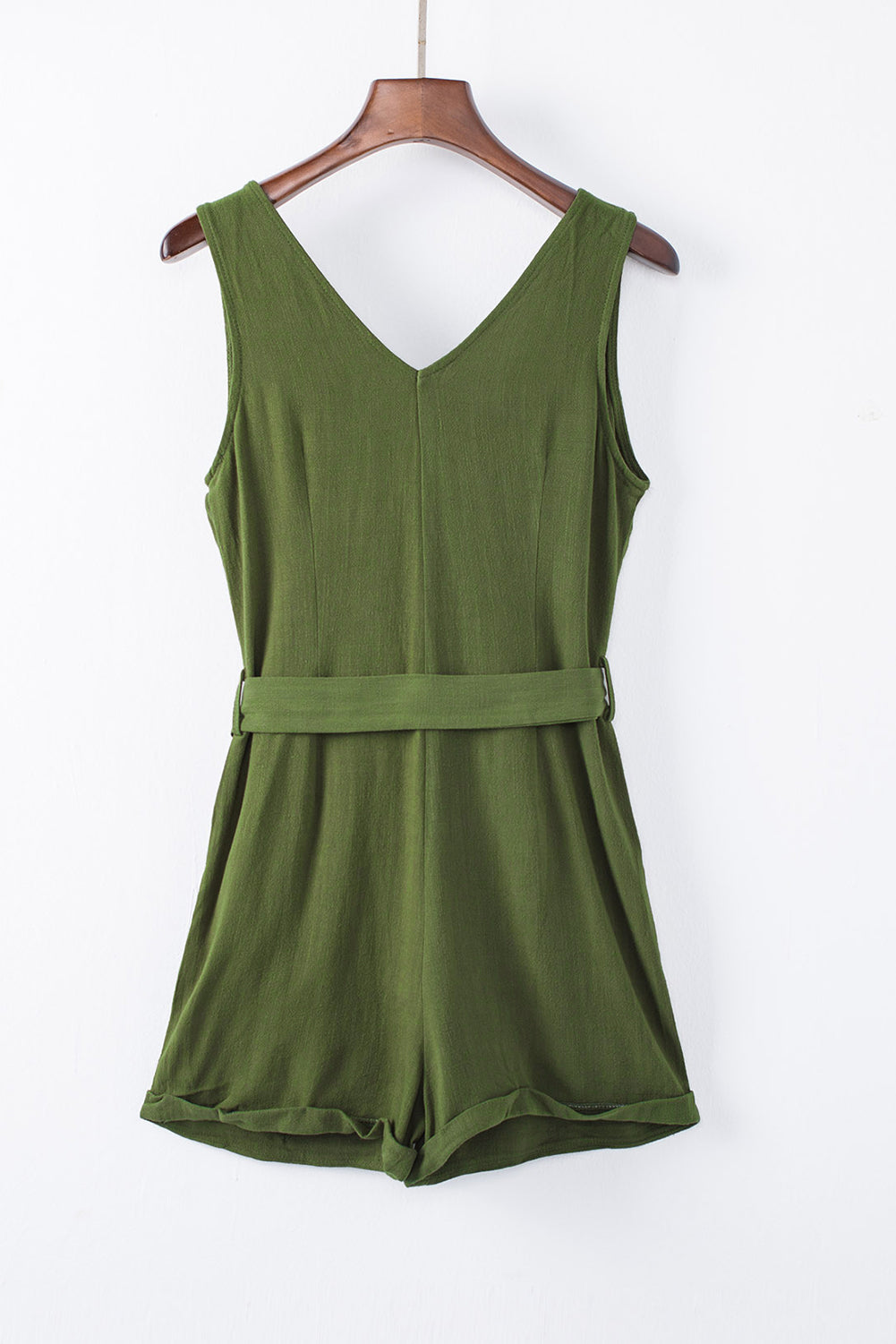 Green Button V Neck Romper with Belt