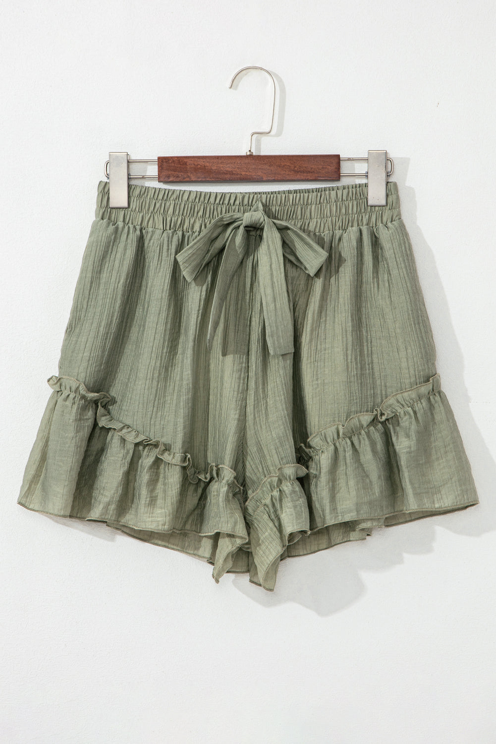 Laurel Green Textured Tie Waist Ruffle Hem Shorts