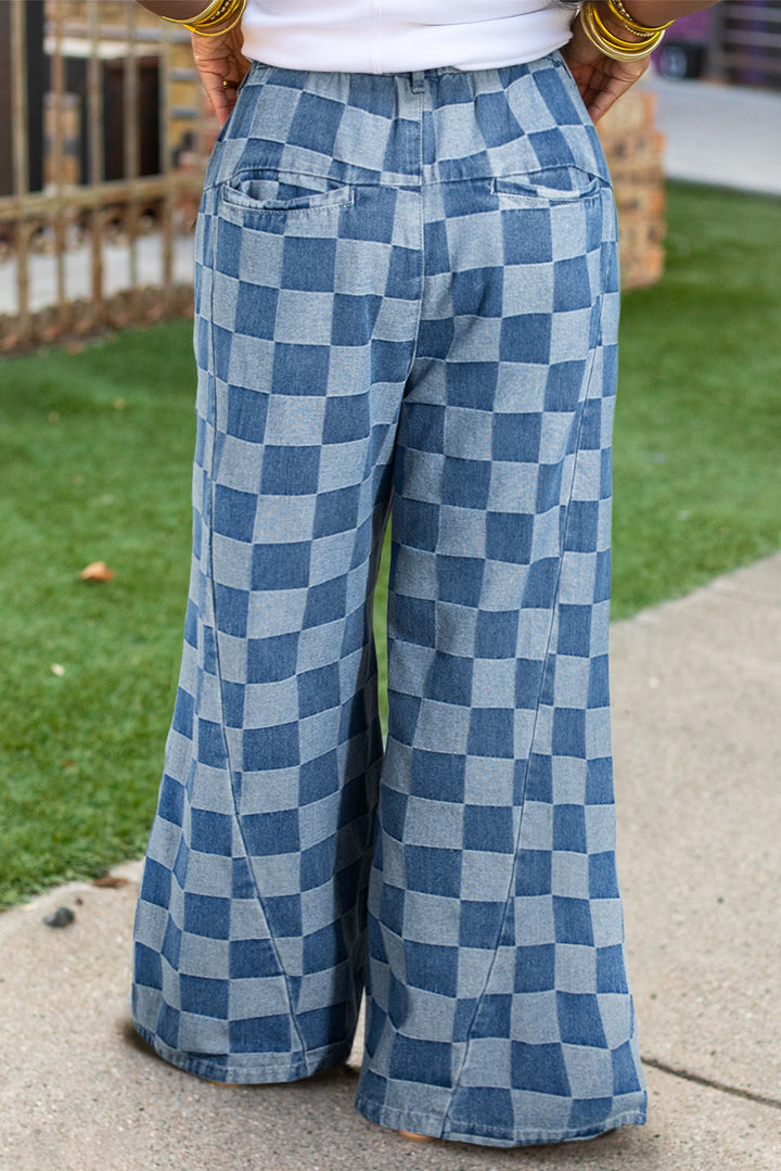 Dusk Blue Plus Size Checkered Seamed High Waist Wide Leg Jeans