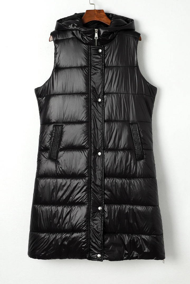 Black Hooded Long Quilted Vest Coat