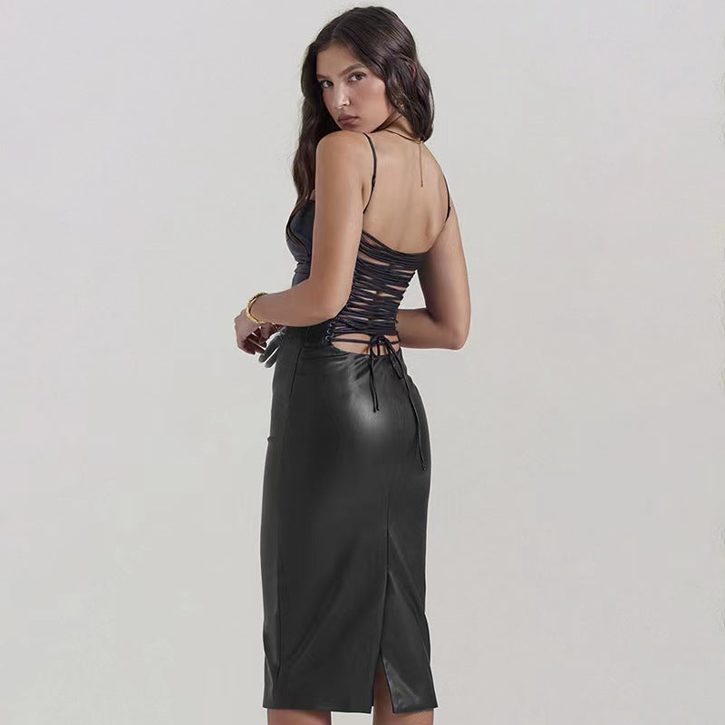 PU Sling Slim Fit Backless Strap Hip-wrapped Mid-length Dress