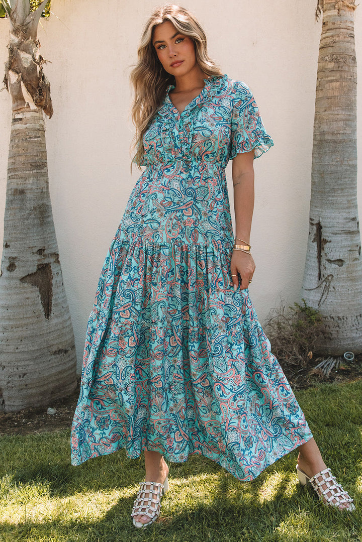 Sky Blue Paisley Print Boho Holiday Ruffle Tiered Maxi Dress