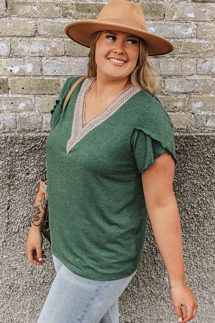 Blackish Green Plus Size Embroidery V Neck Draped Sleeve Blouse