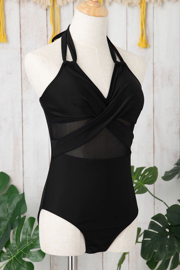 Black Halter Mesh Insert Cross Front One-Piece Swimsuit