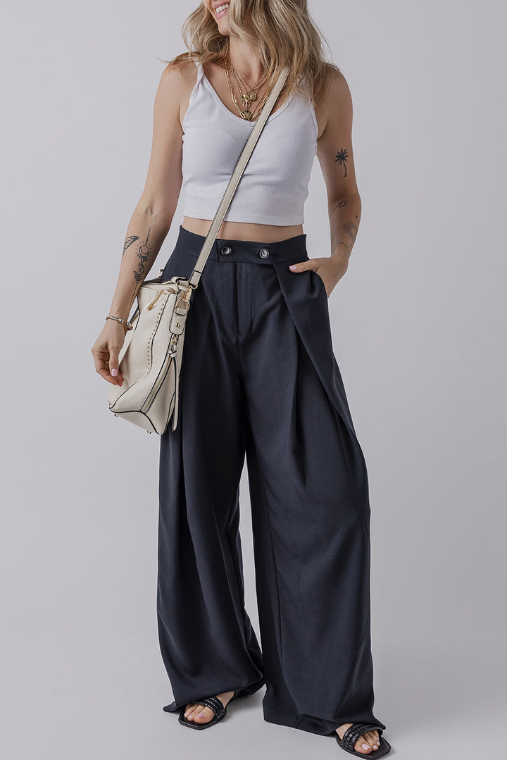 Dirty blue Dual Buttoned High Waist Pleated Wide Leg Pants