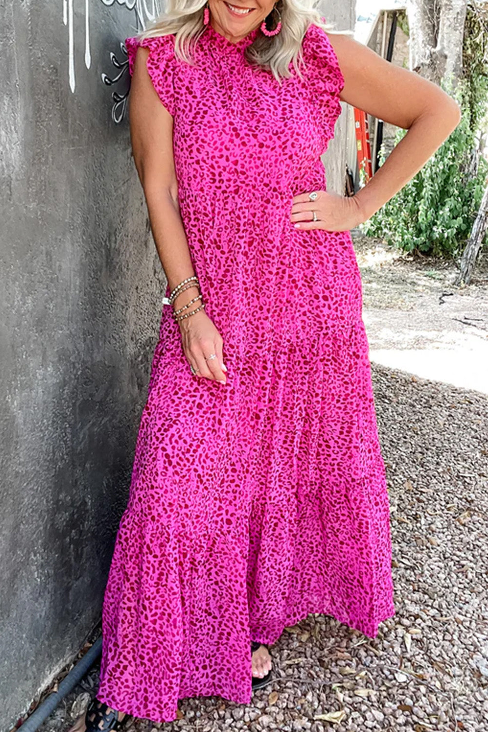 Rose Red Leopard Print Ruffled Trim Tiered Maxi Dress