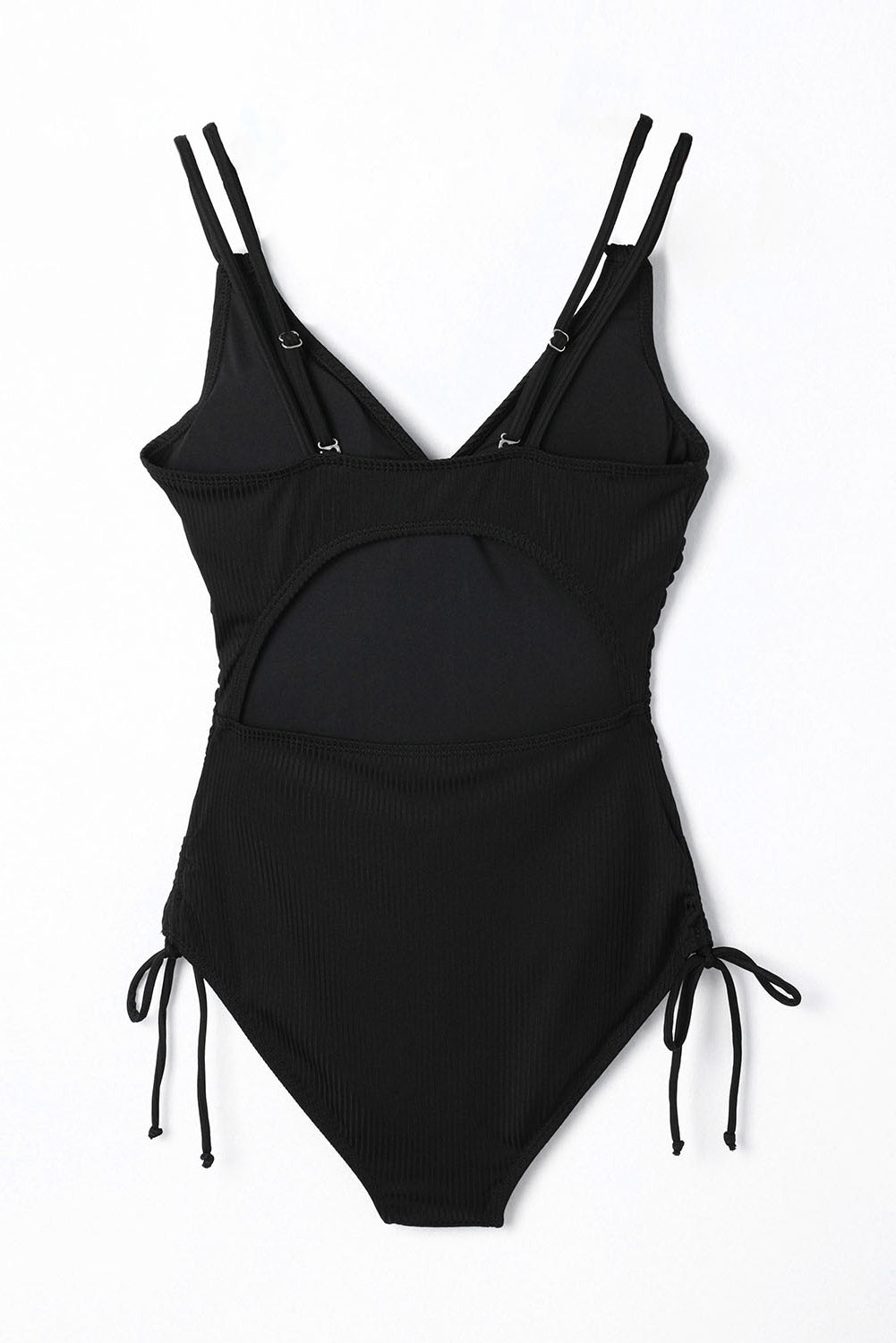 Black Adjustable Straps Ribbed Knit One Piece Swimsuit