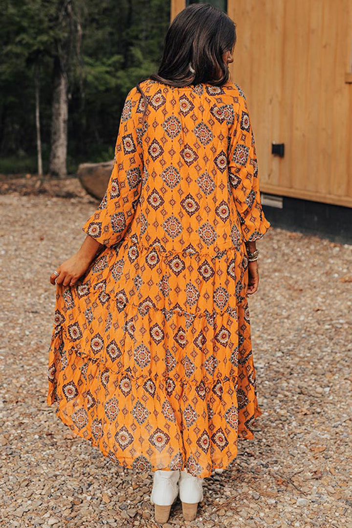 Orange Western Geometric Print Tiered Frilled Loose Fit Midi Dress