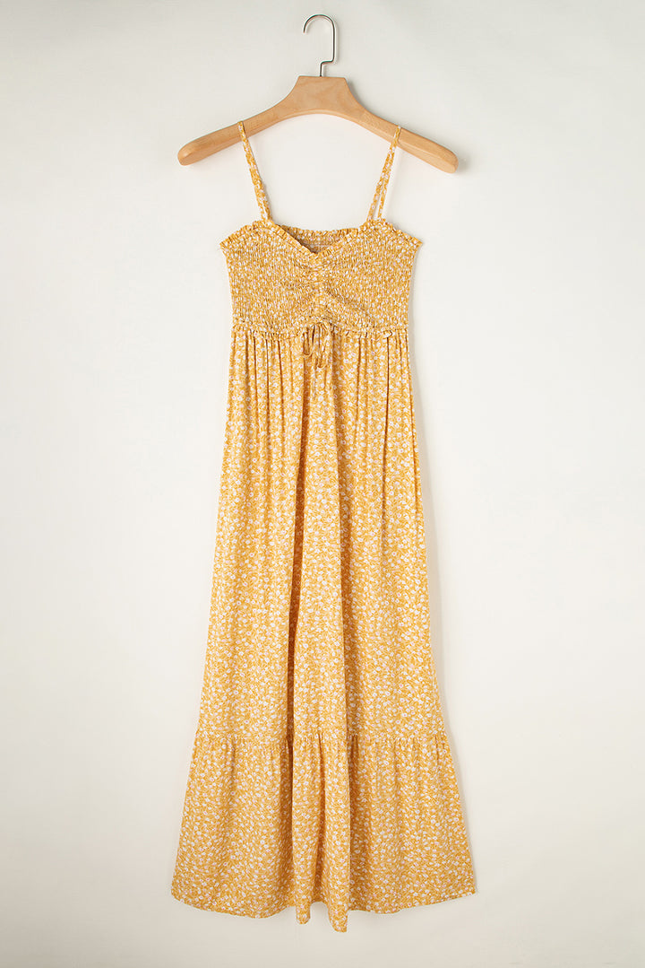 Yellow Frilly Smocked High Waist Floral Maxi Dress