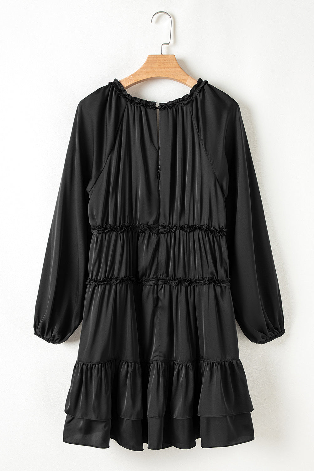 Black Tiered Ruffled Puff Sleeve Loose Fit Mini Dress