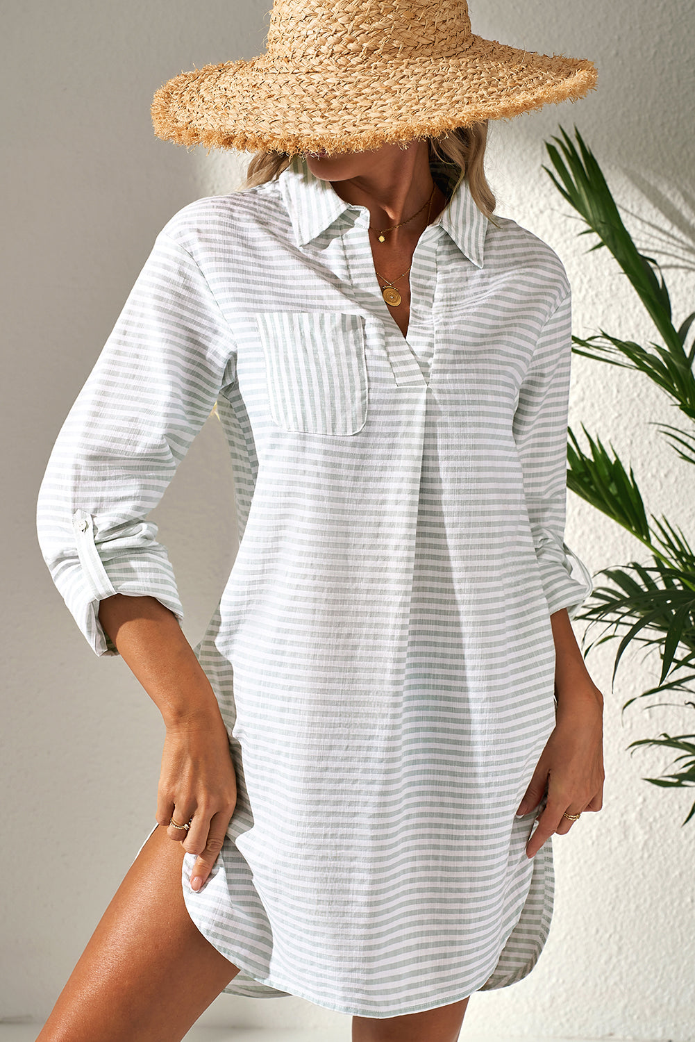 White Stripe Collared V Neck Chest Pocket Long Sleeve Beach Cover up