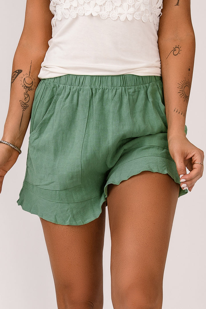 Green High Waist Pocketed Ruffle Shorts