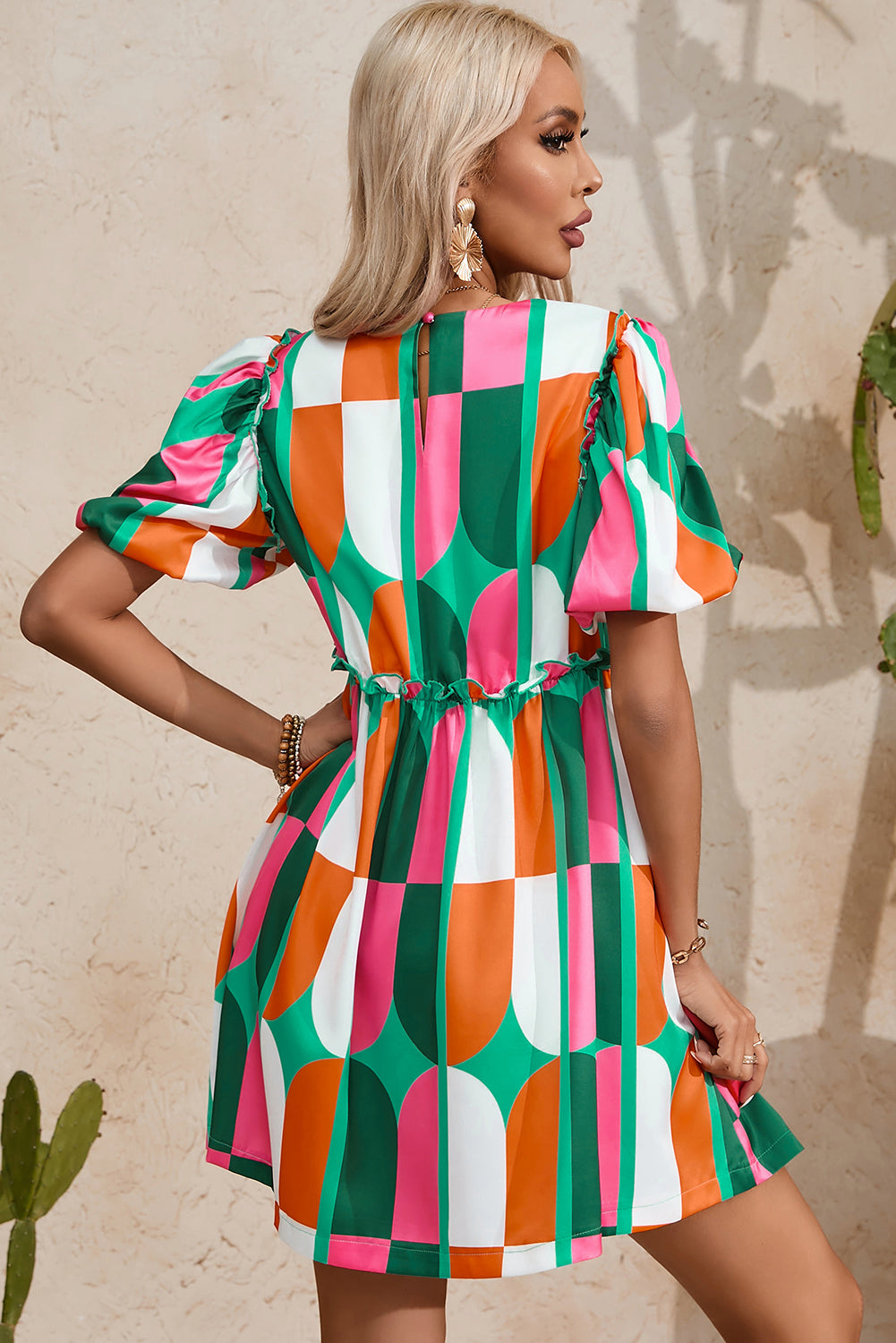 Green Abstract Print Puff Sleeve Short Dress