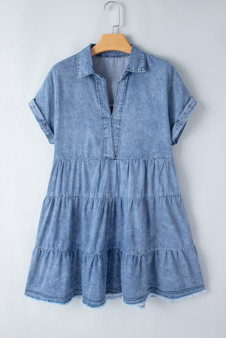 Sky Blue Acid Wash V Neck Tiered Denim Dress