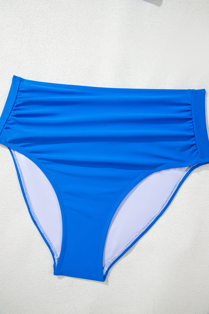 Blue Colorblock Square Neck Top Pleated High Waisted Bikini