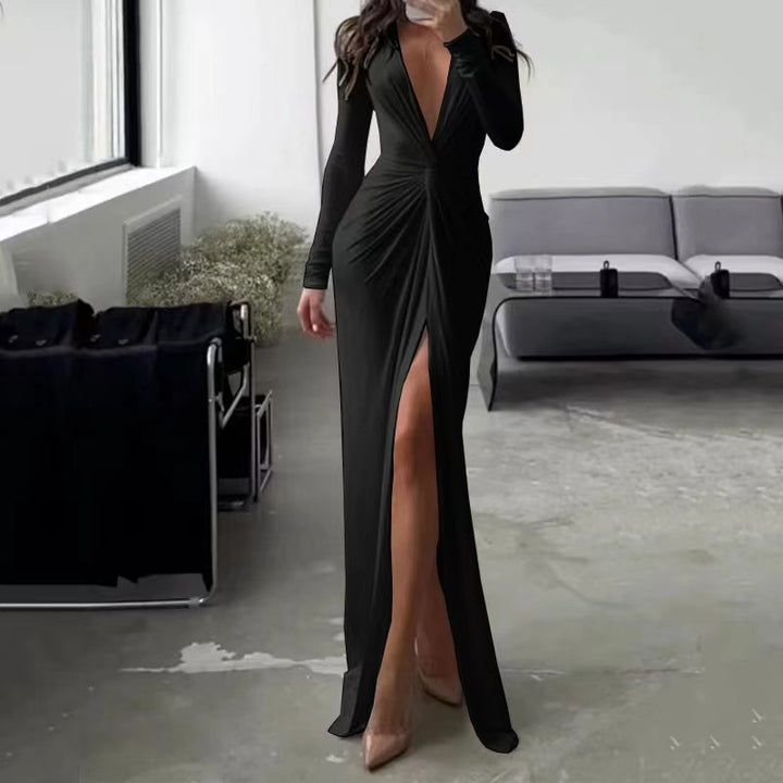 Fashion Sexy Slit V-neck Long Sleeve Solid Slim Pleated Skirt Gown