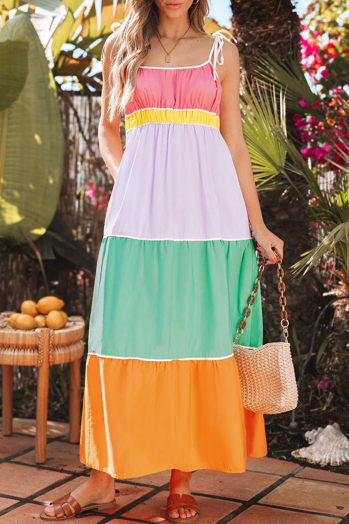 Multicolour Colorblock Self-tie Straps High Waist Flowy Maxi Dress with Pockets