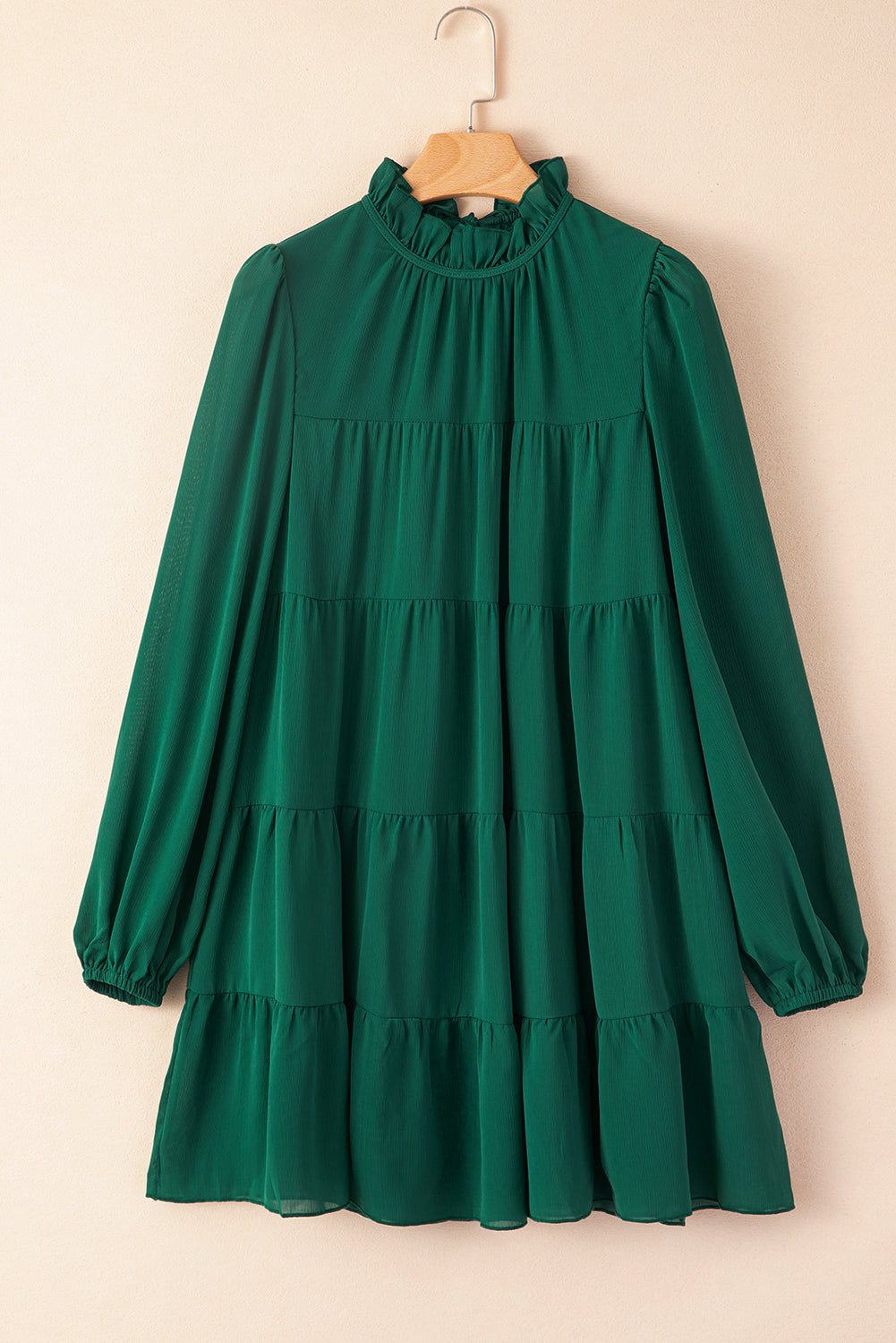 Green Puff Sleeve Mock Neck Back Knot Tiered Dress