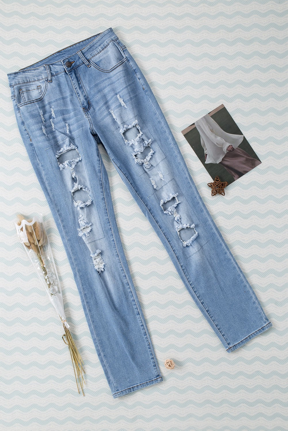 Sky Blue Buttoned Pockets Distressed Jeans