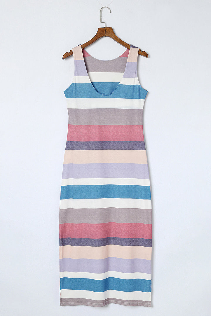 Multicolor Stripe Print Slit Maxi Tank Top Dress