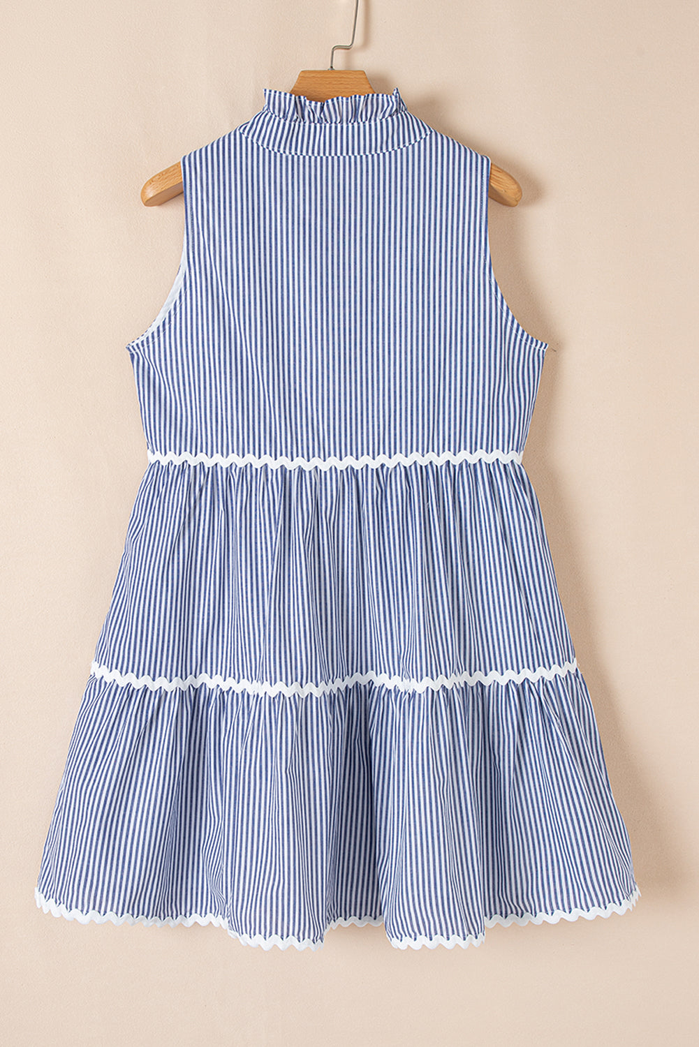 Blue Stripe Sleeveless Notched V Neck Contrast Ric Rac Mini Dress