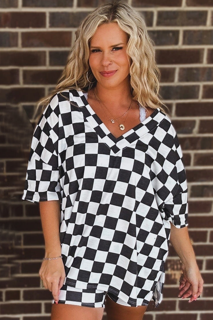 Black Checkered Pattern Tee and Shorts Plus Size Two Piece Set