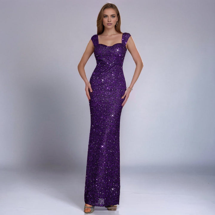 Solid Color And V-neck Sequin Sling High Waist Evening Dress