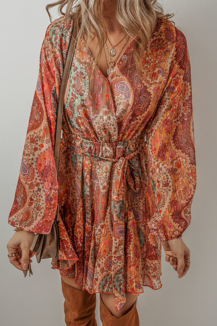 Orange Boho Paisley Print Long Sleeve Pleated Belted Mini Dress