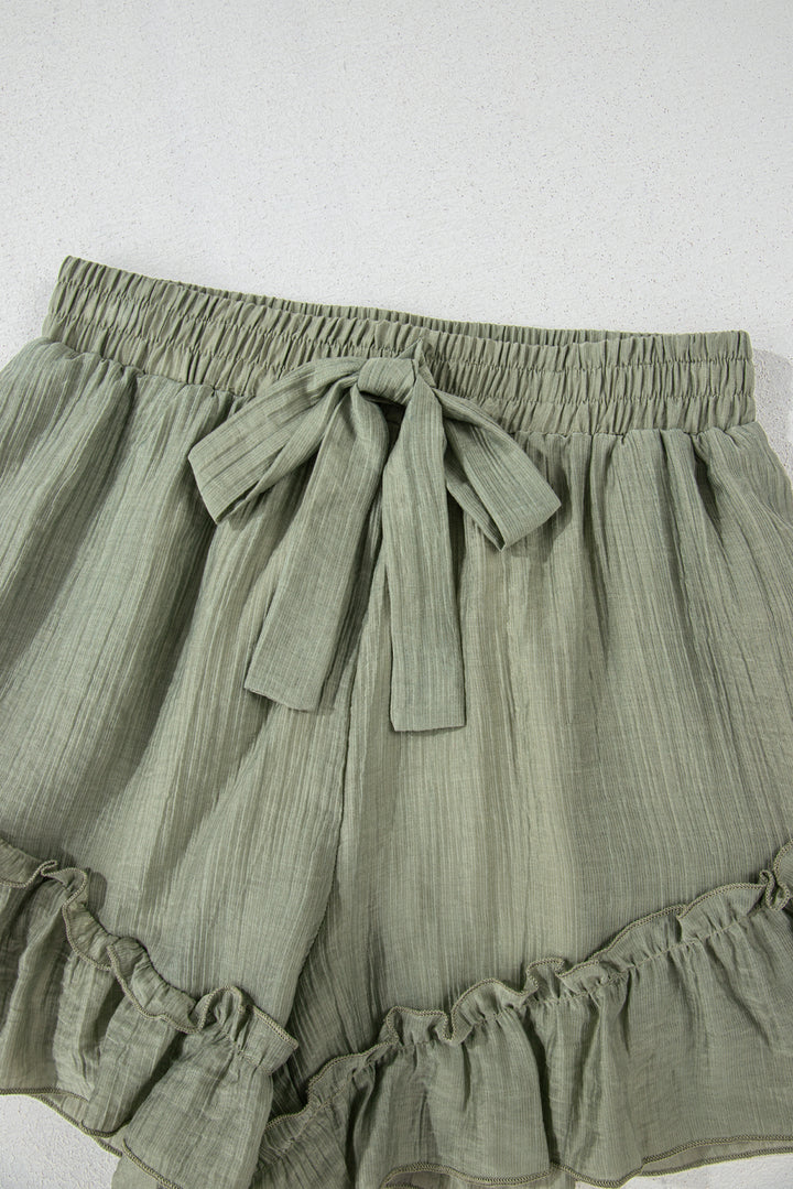 Laurel Green Textured Tie Waist Ruffle Hem Shorts