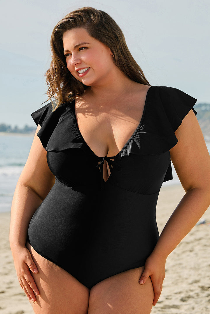 Black Ruffled Sleeve Lace-up V Neck Plus Size One Piece Swimsuit