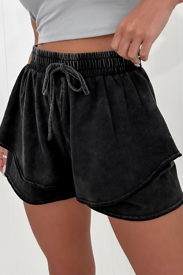 Black Mineral Wash French Terry High Waist Casual Shorts