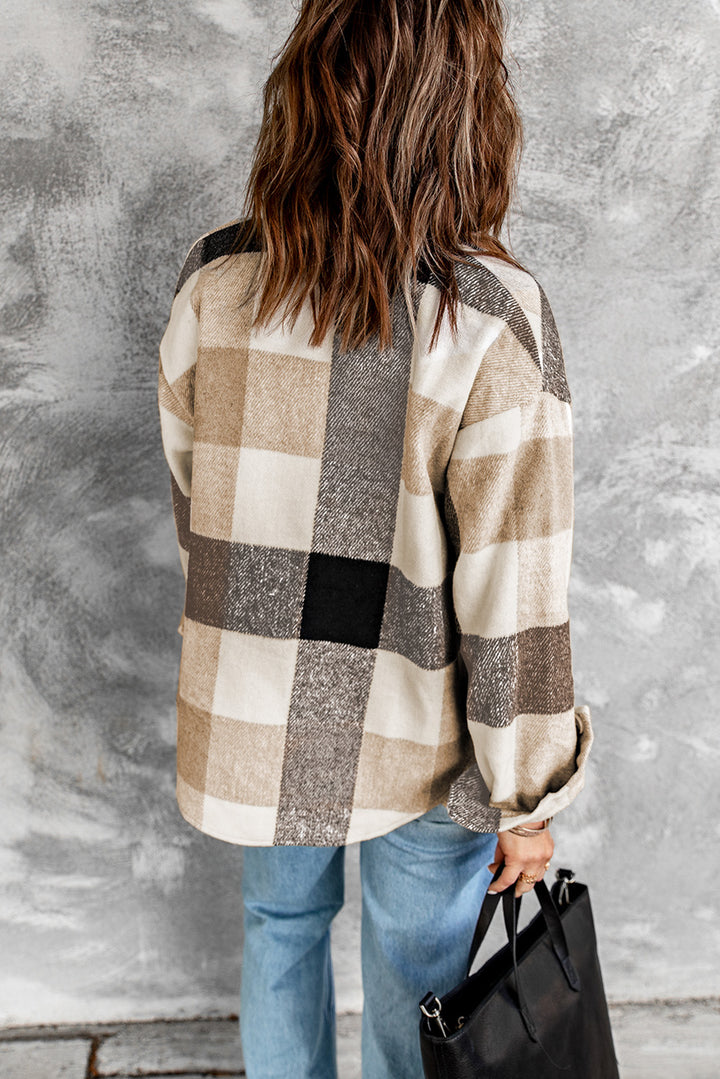 Khaki Plaid Color Block Buttoned Long Sleeve Jacket with Pocket