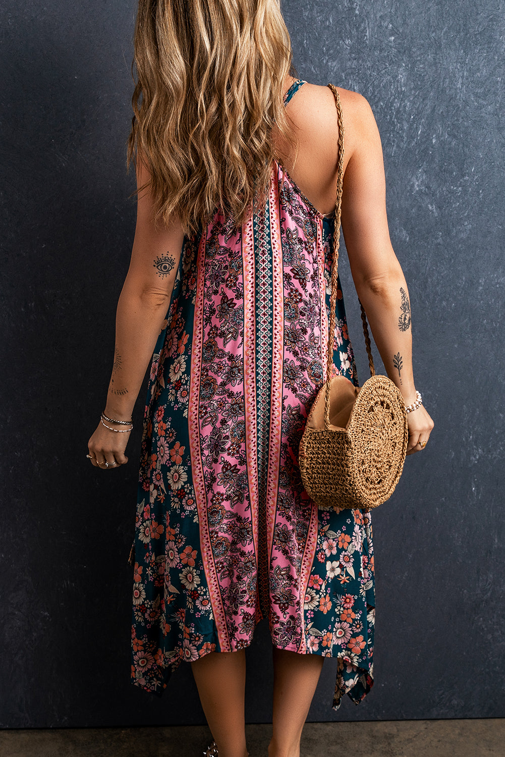 Pink Bohemian Floral Patchwork Print Long Sundress