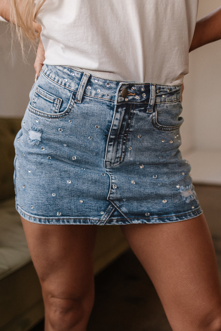 Dusk Blue Rhinestone Distressed Denim High Waist Mini Skirt