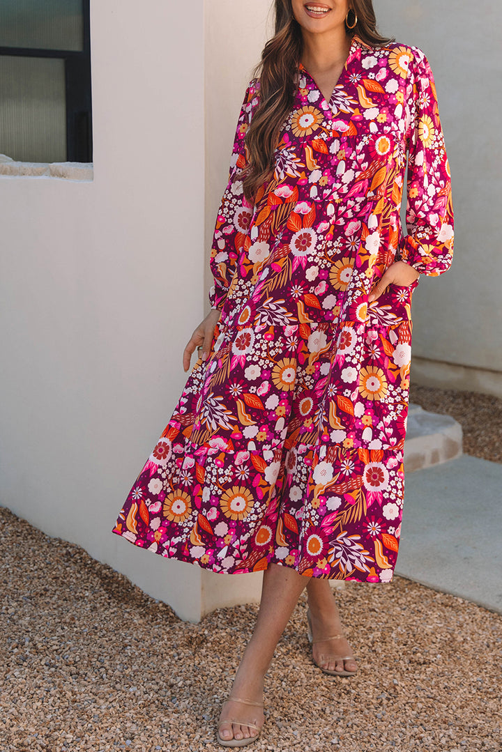 Purple Collared Tiered Flowy Long Dress