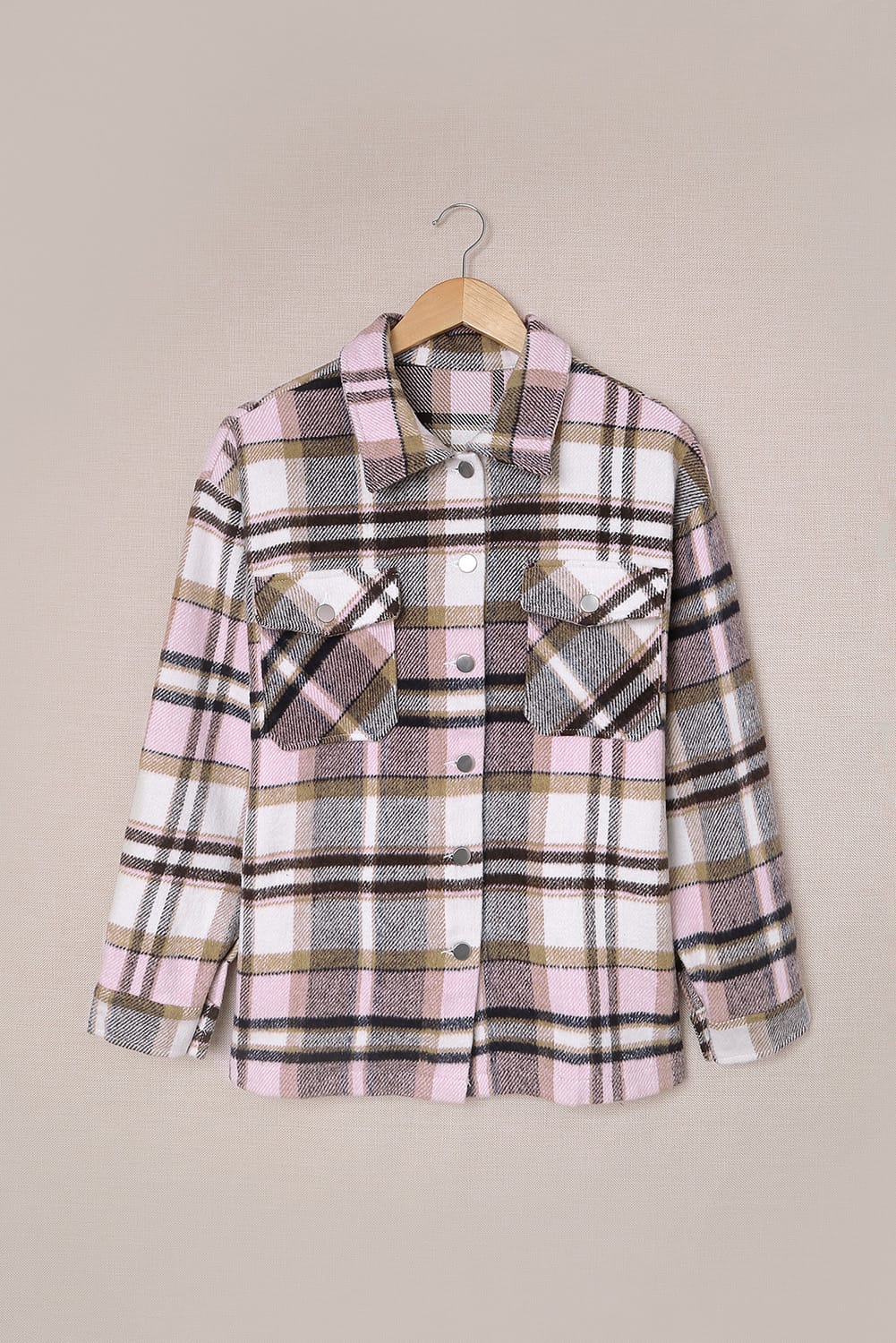 Pink Geometric Plaid Print Pocketed Shacket