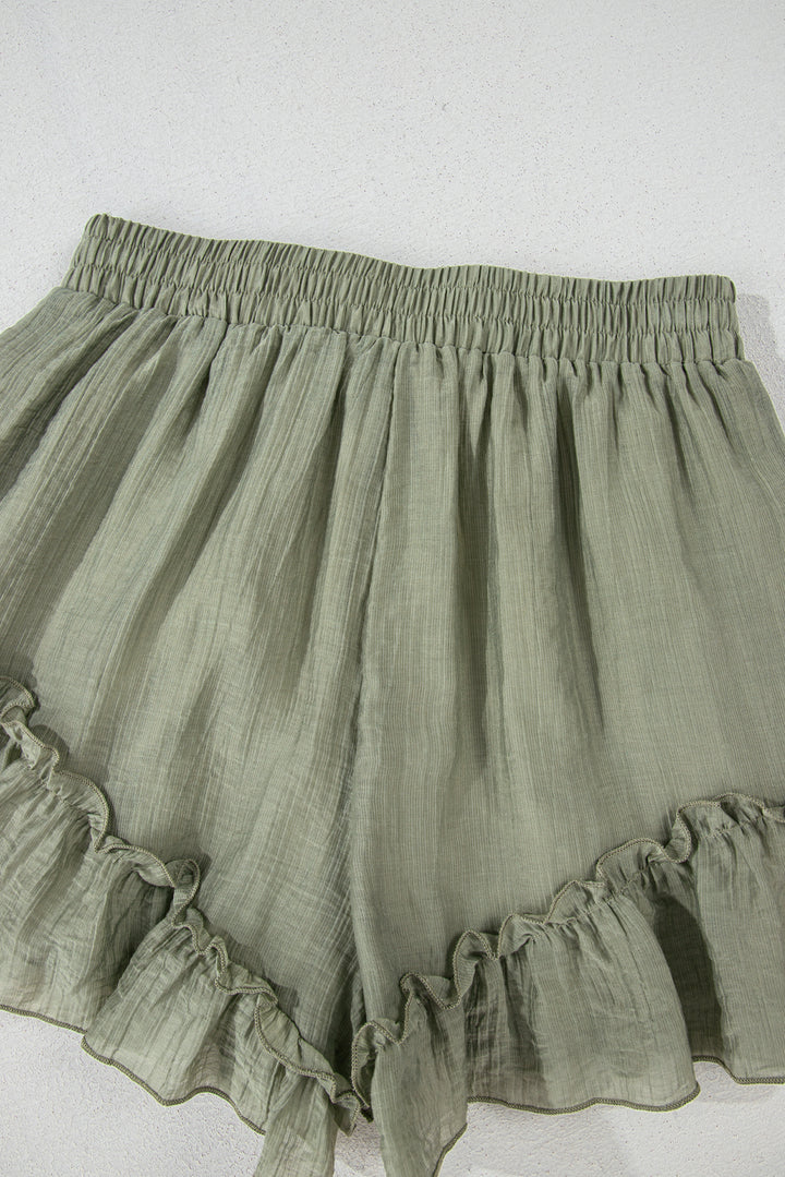 Laurel Green Textured Tie Waist Ruffle Hem Shorts