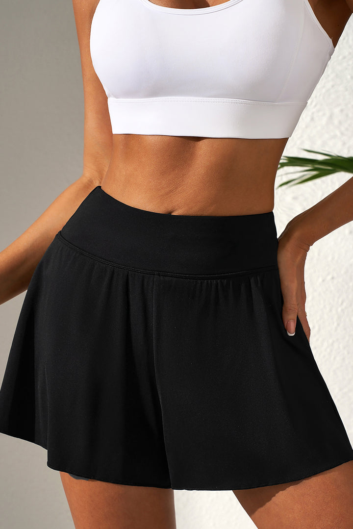 Black Solid Color High Waist Wide Leg Swim Bottom