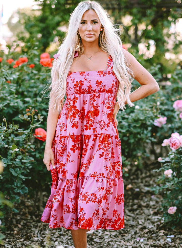 Pink Tie Shoulder Straps Tiered Floral Dress