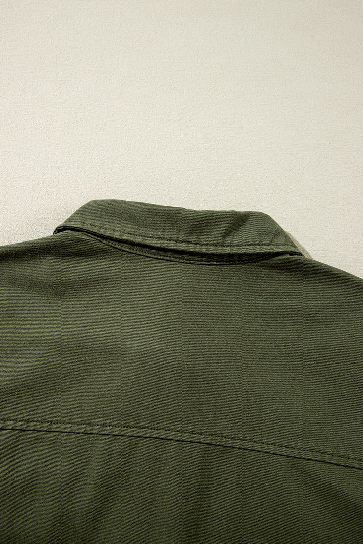 Moss Green Snap Button Zipper Tight Waist Collared Jacket